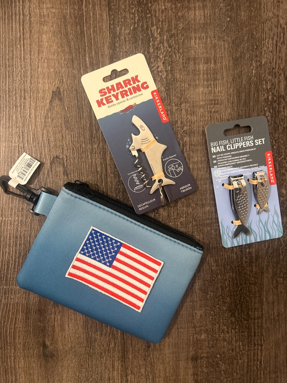 Kikkerland Big Little Fish Nail Clippers , Shark Bottle Opener & Flag zip Pouch